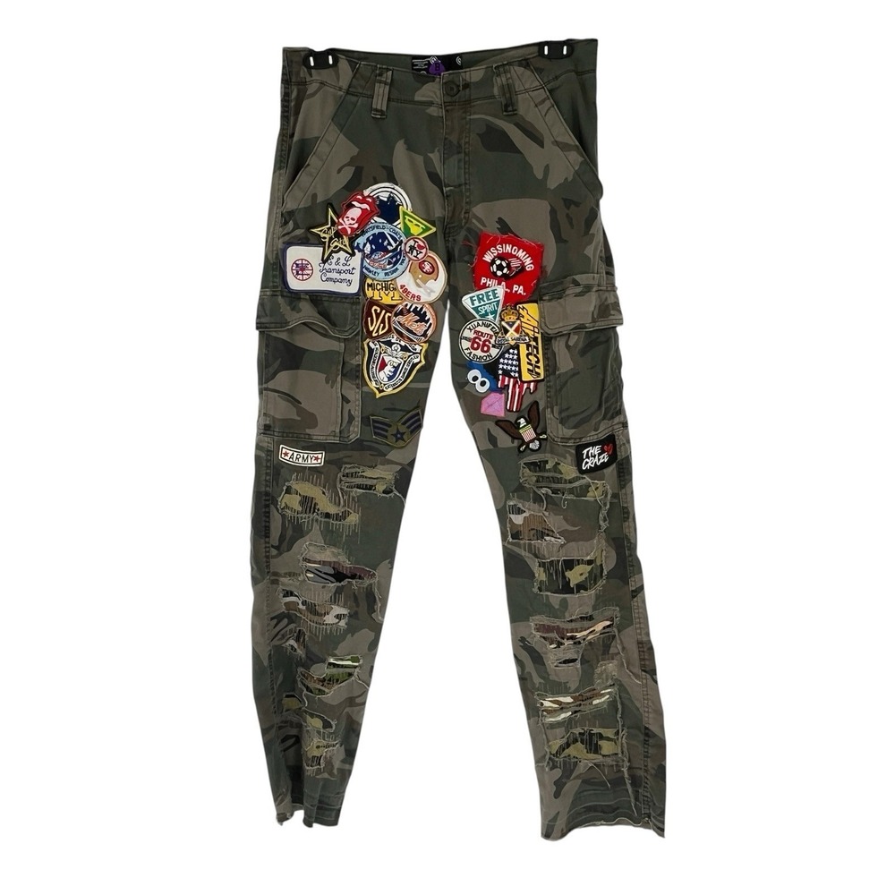 Custom Distressed Camo Cargo Pants Patchwork Streetwear Military Grunge Y2K Punk
